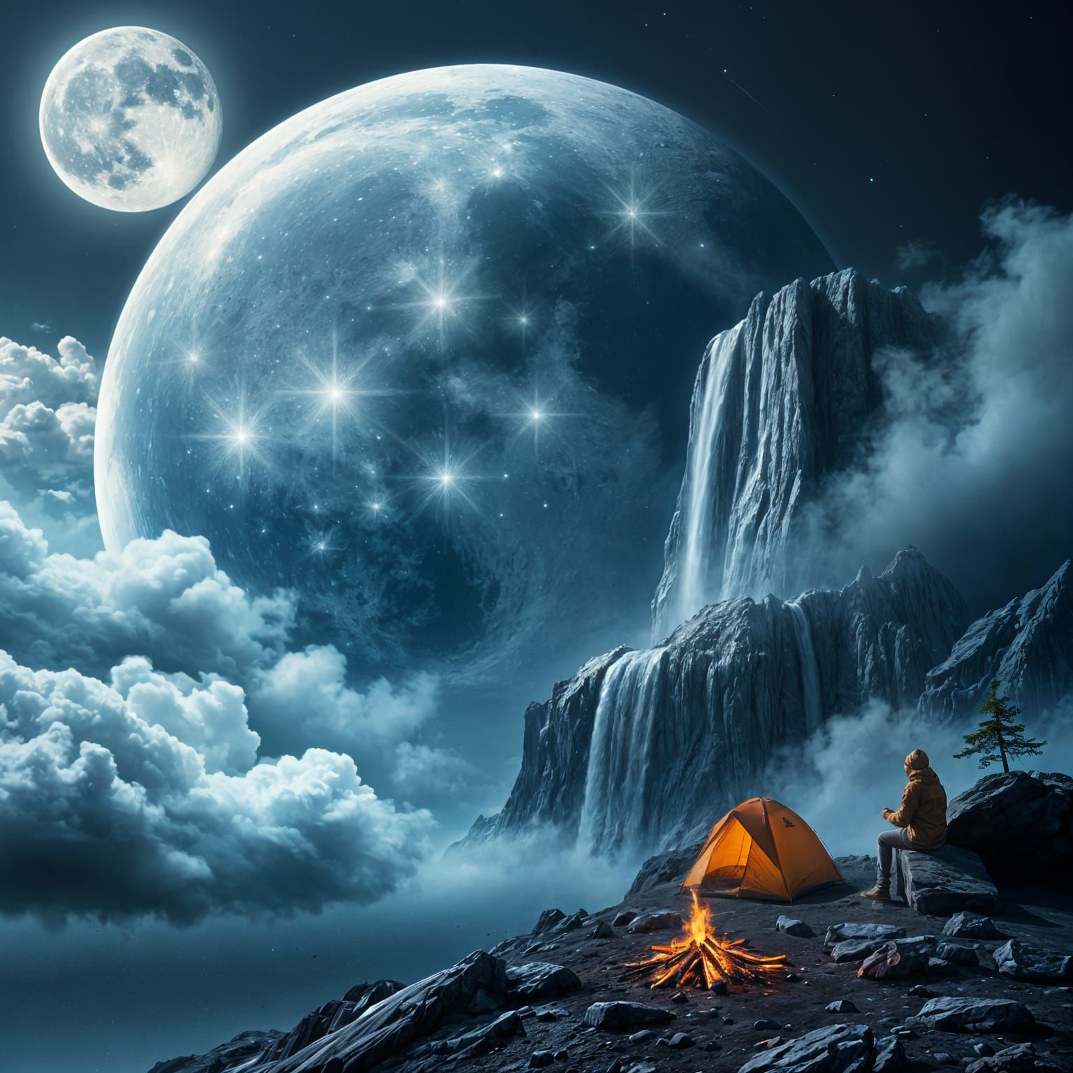 Cosmic Icy Moon Towering Over a Serene Lake