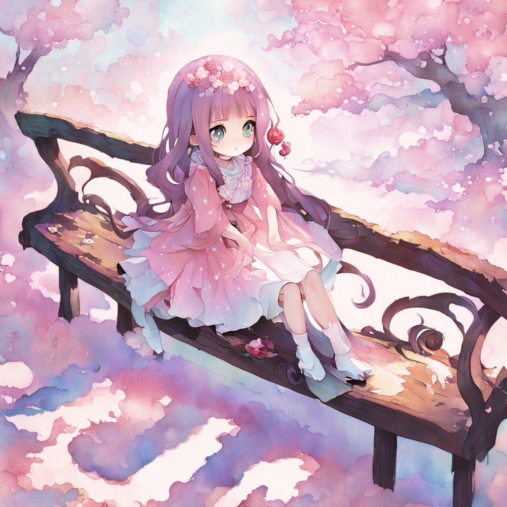 Serenely Seated Anime Girl in Cherry Blossom Park