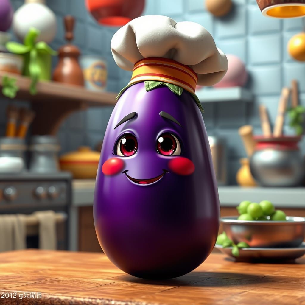 Anime Eggplant Chef in Fantasy Kitchen