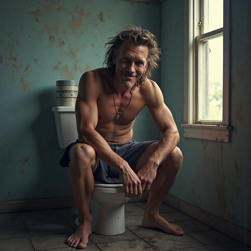 Miserable Person Smiling on Toilet in Detailed Painting