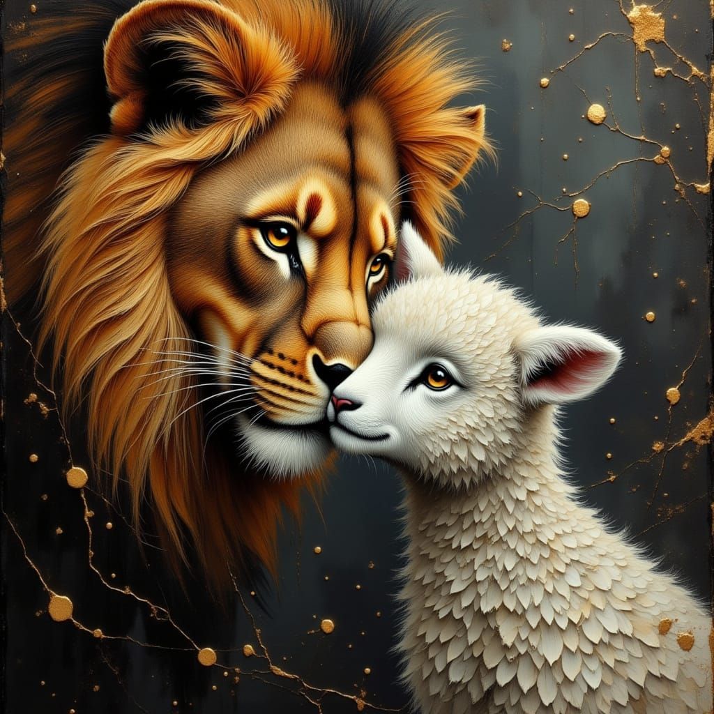 Lion and Lamb Portrait in Cloisonne and Oil Style