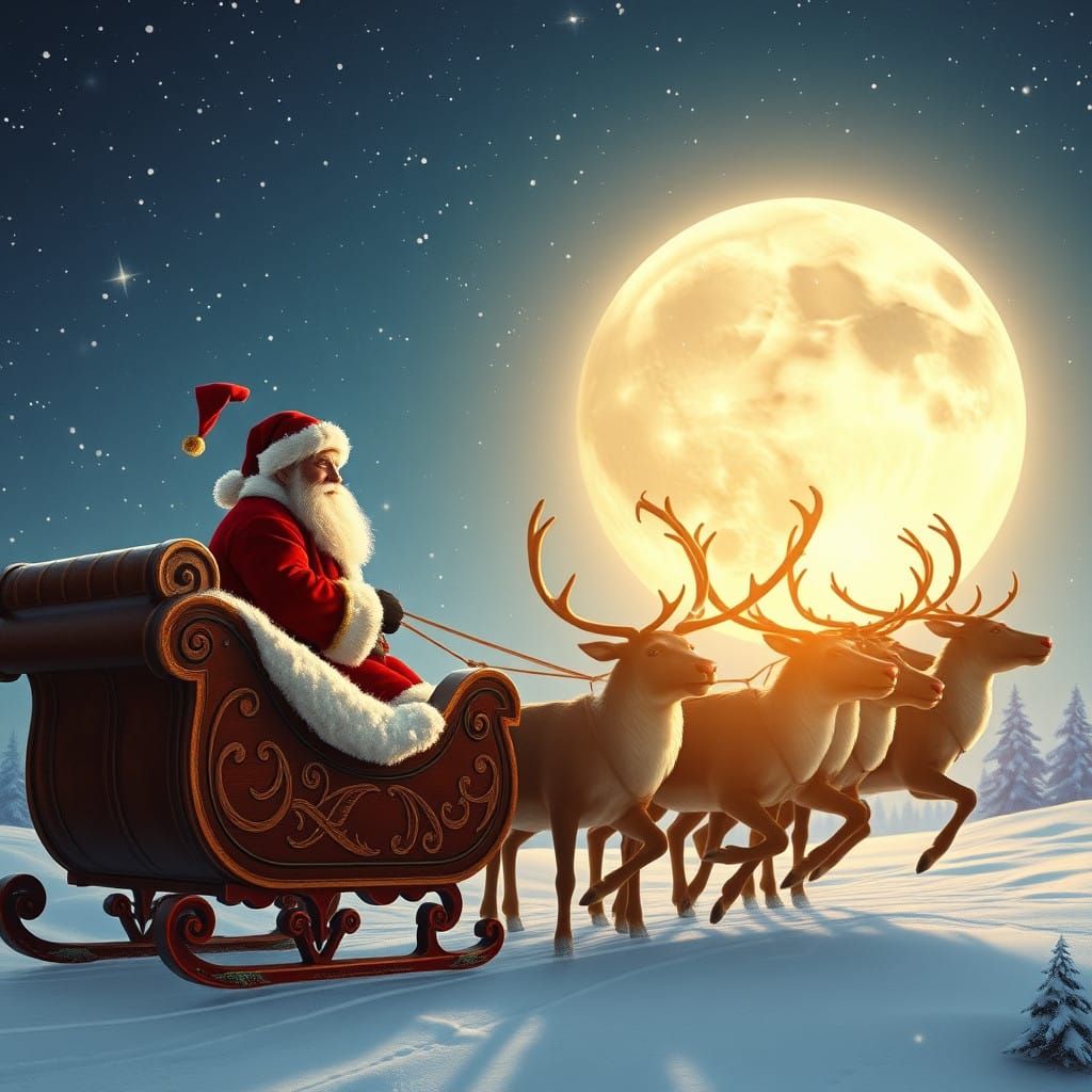 Classic Holiday Scene with Santa and Reindeer in a Nostalgic...