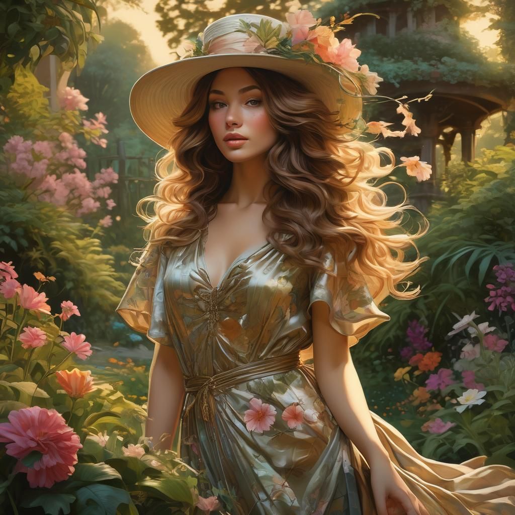 Elegant Woman in Whimsical Retro Garden Illustration