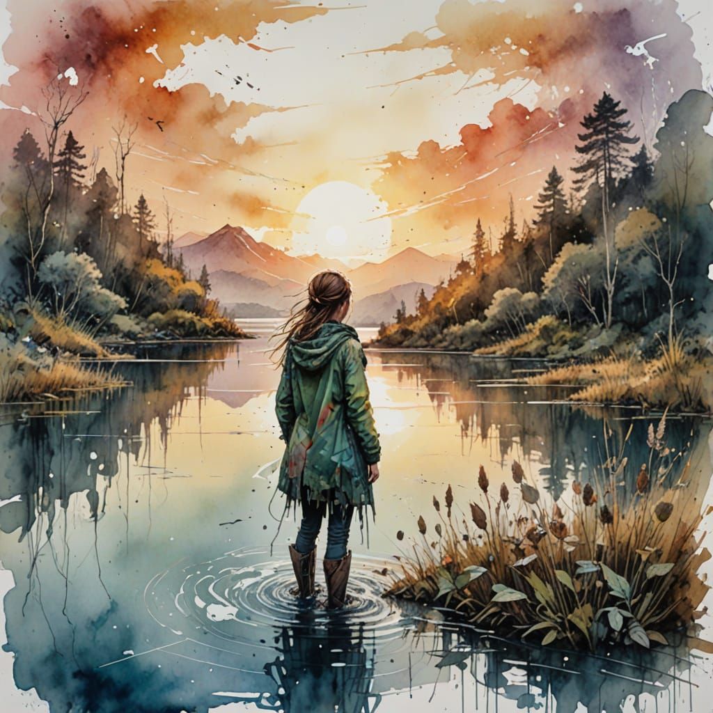 Surreal Watercolour Sunrise Scene with Mystical Lake