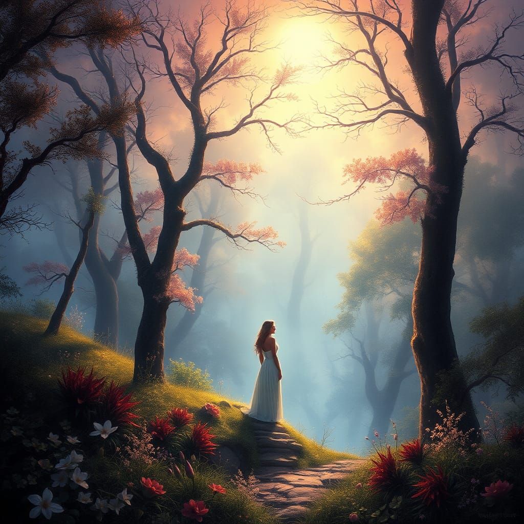 Mystical Maiden in Luminous Forest, Ethereal Aura