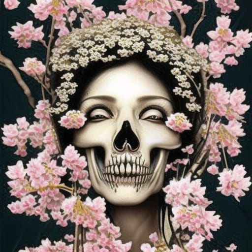 Geisha Skull with Cherry Blossoms in Dark Fantasy Style