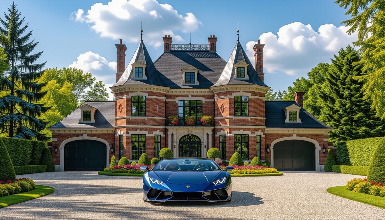 Victorian Chateau with Lamborghini in Summer Garden