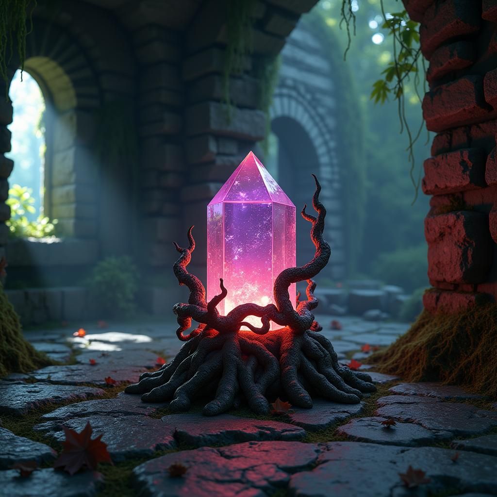 Glowing Crystal in Ancient Forest Chamber