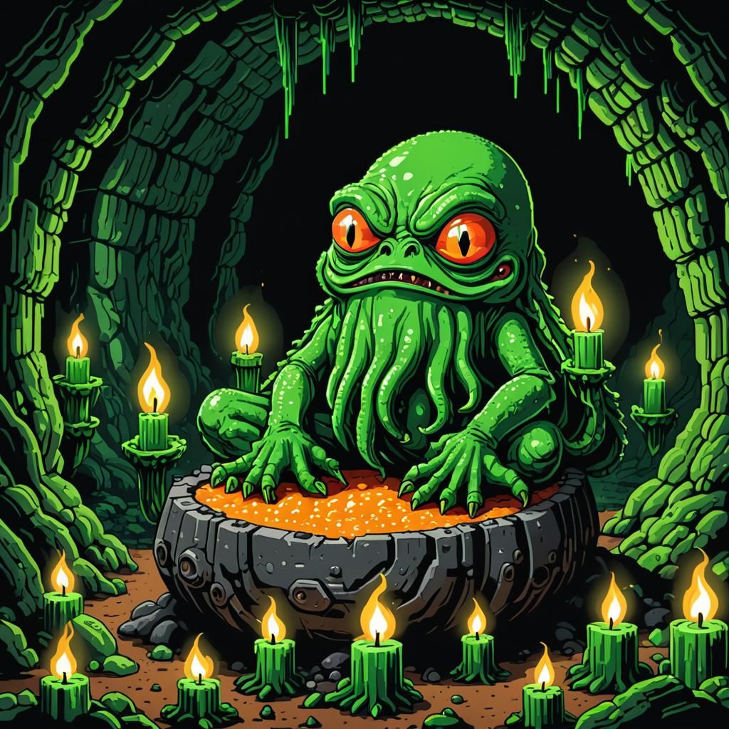 Evil Cthulhu Pepe Frog Hatching: Pixel Art Style