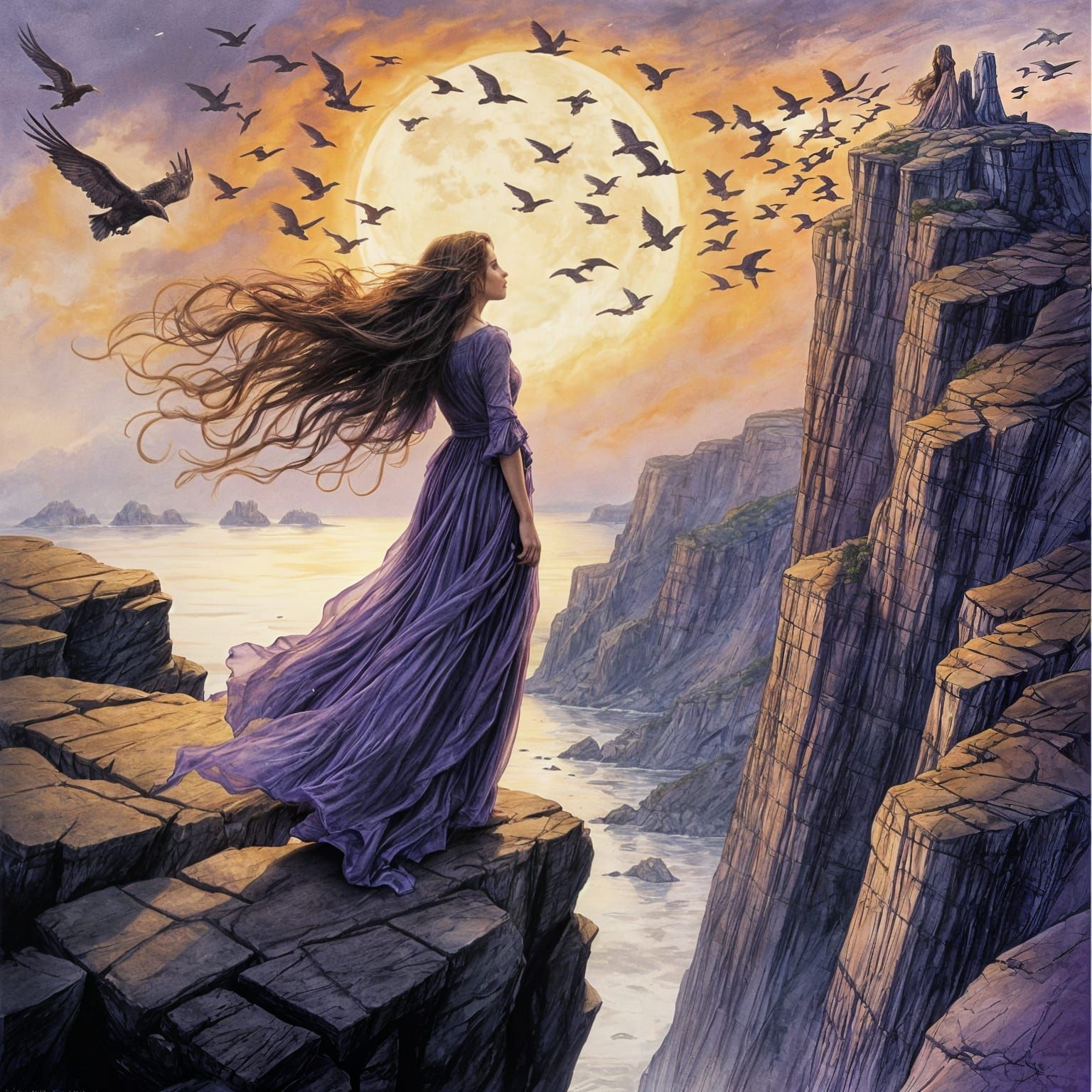 Mystical Woman on Cliff Under Orange Moon
