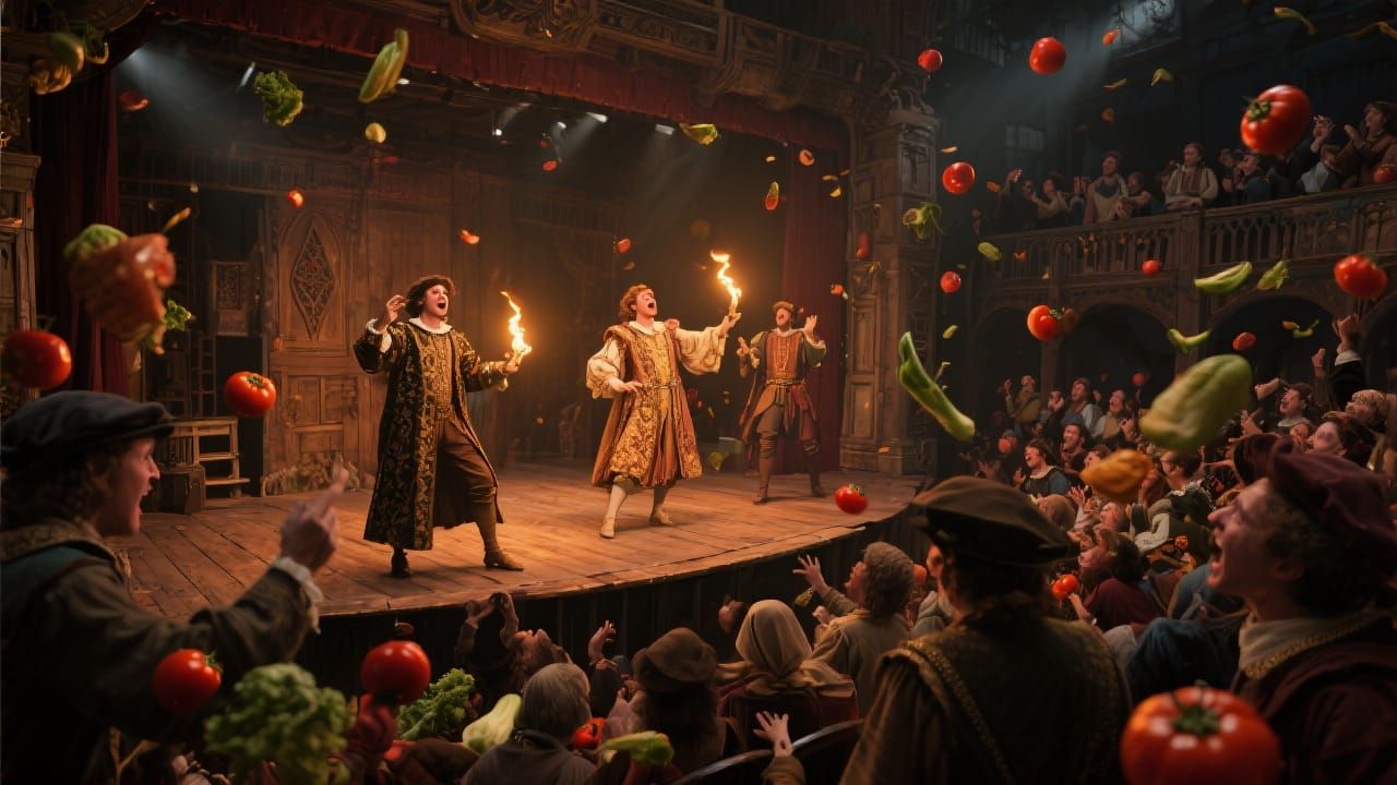 Lively Shakespearean Theatre Scene in Cinematic Style