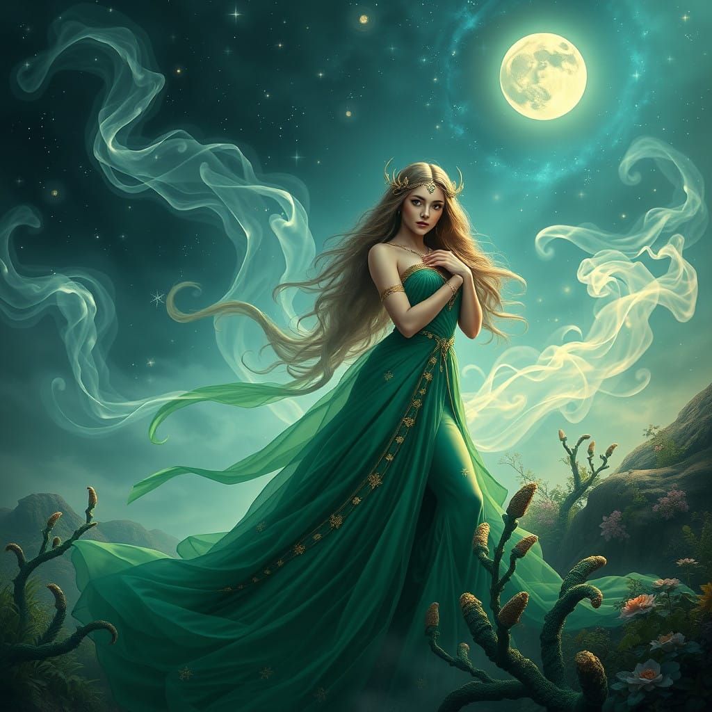 Mystical Virgo Goddess in Emerald Gown, Celestial Landscape