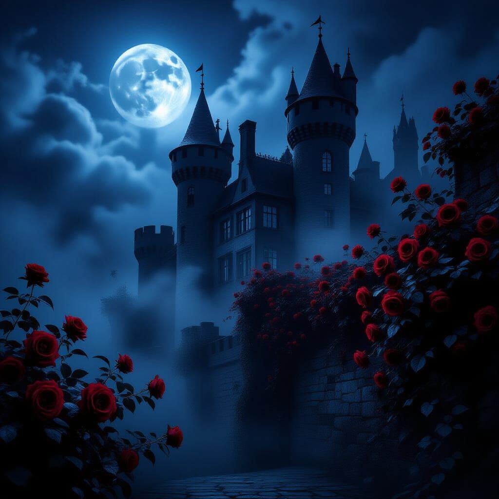 Gothic Castle at Night with Crimson Roses