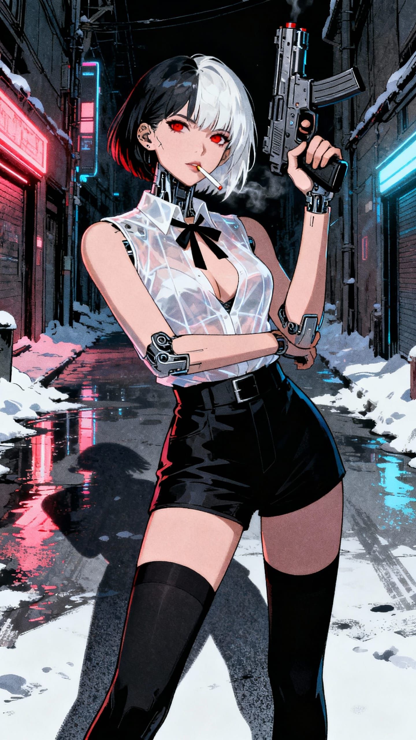 Cyberpunk Woman with Sci-Fi Gun in Snowy Alley