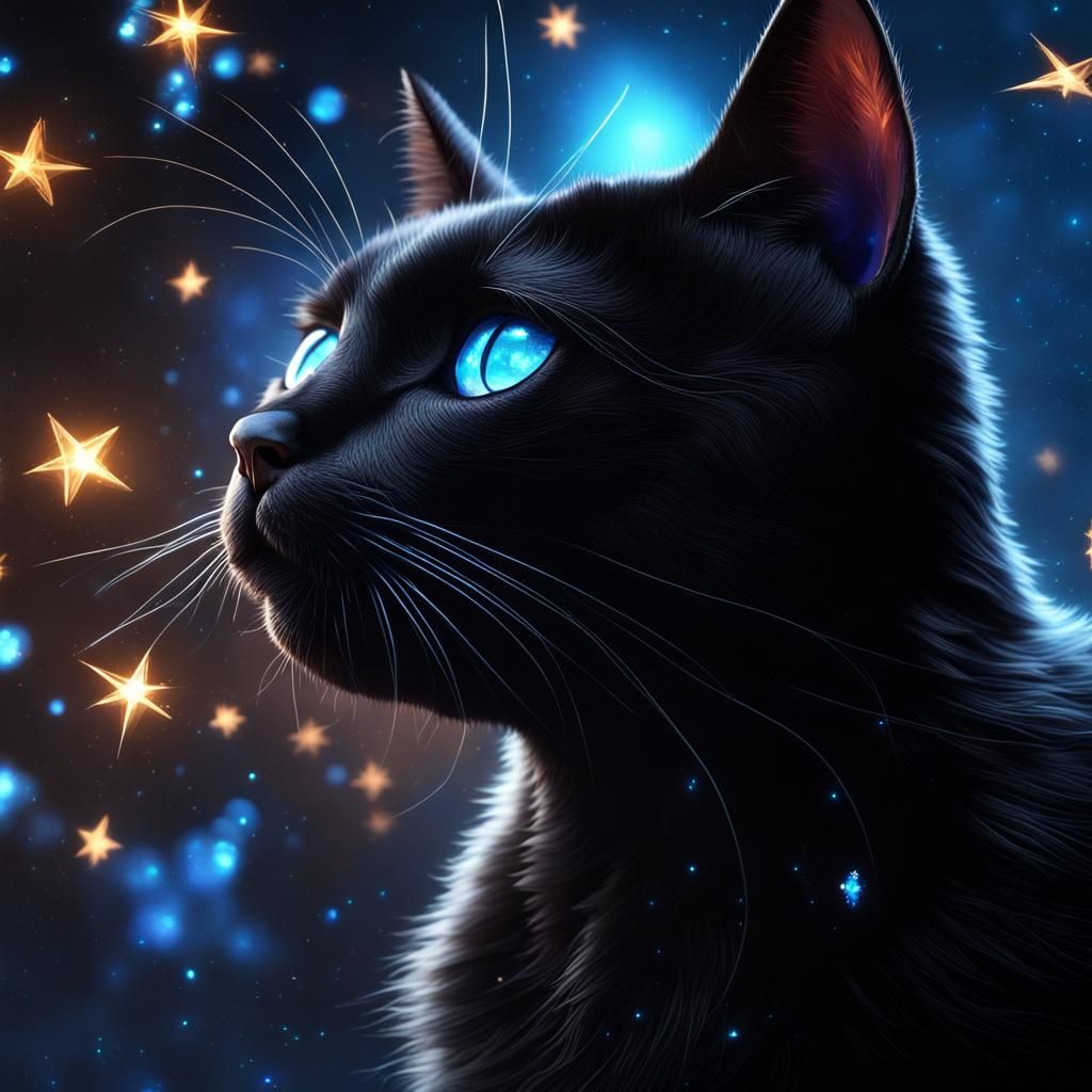 Blue-Eyed Black Cat in Starry Fantasy Art