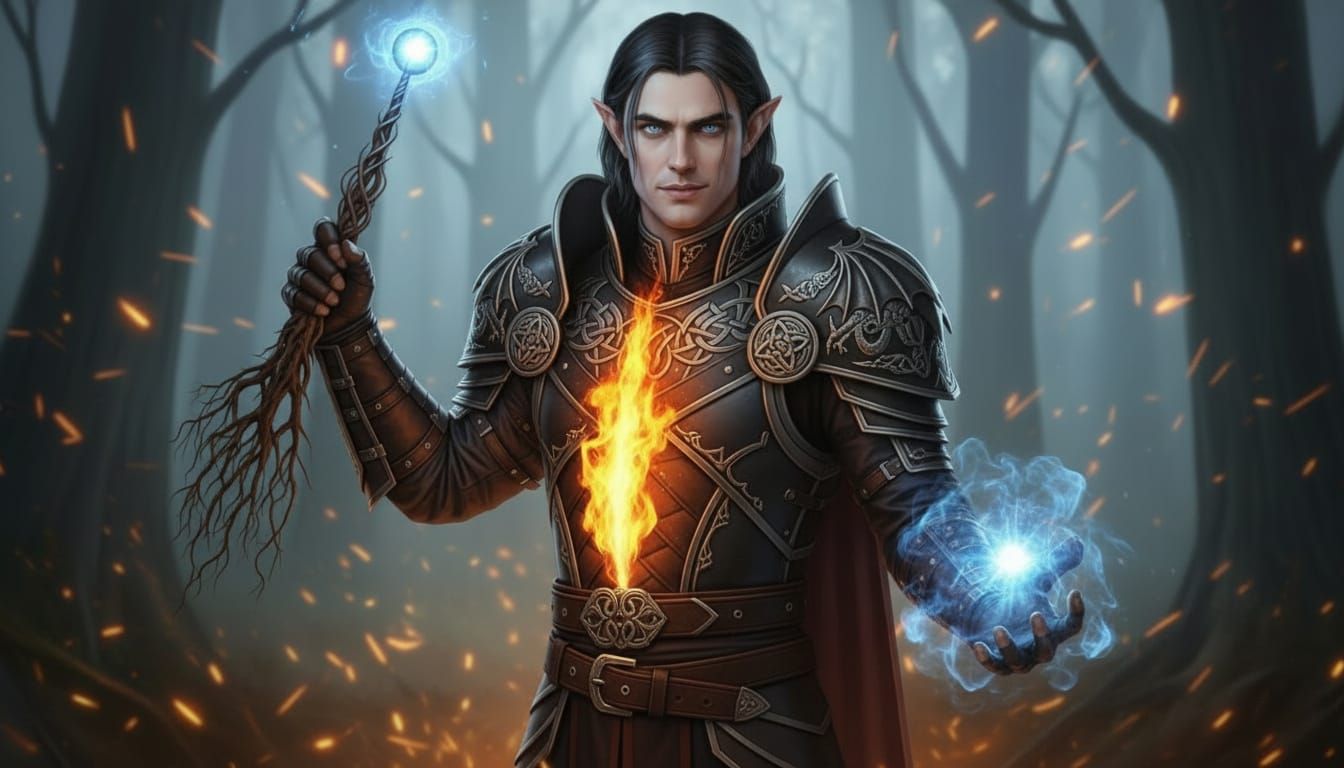 Male Elf Warrior in Dark Forest with Magical Orb