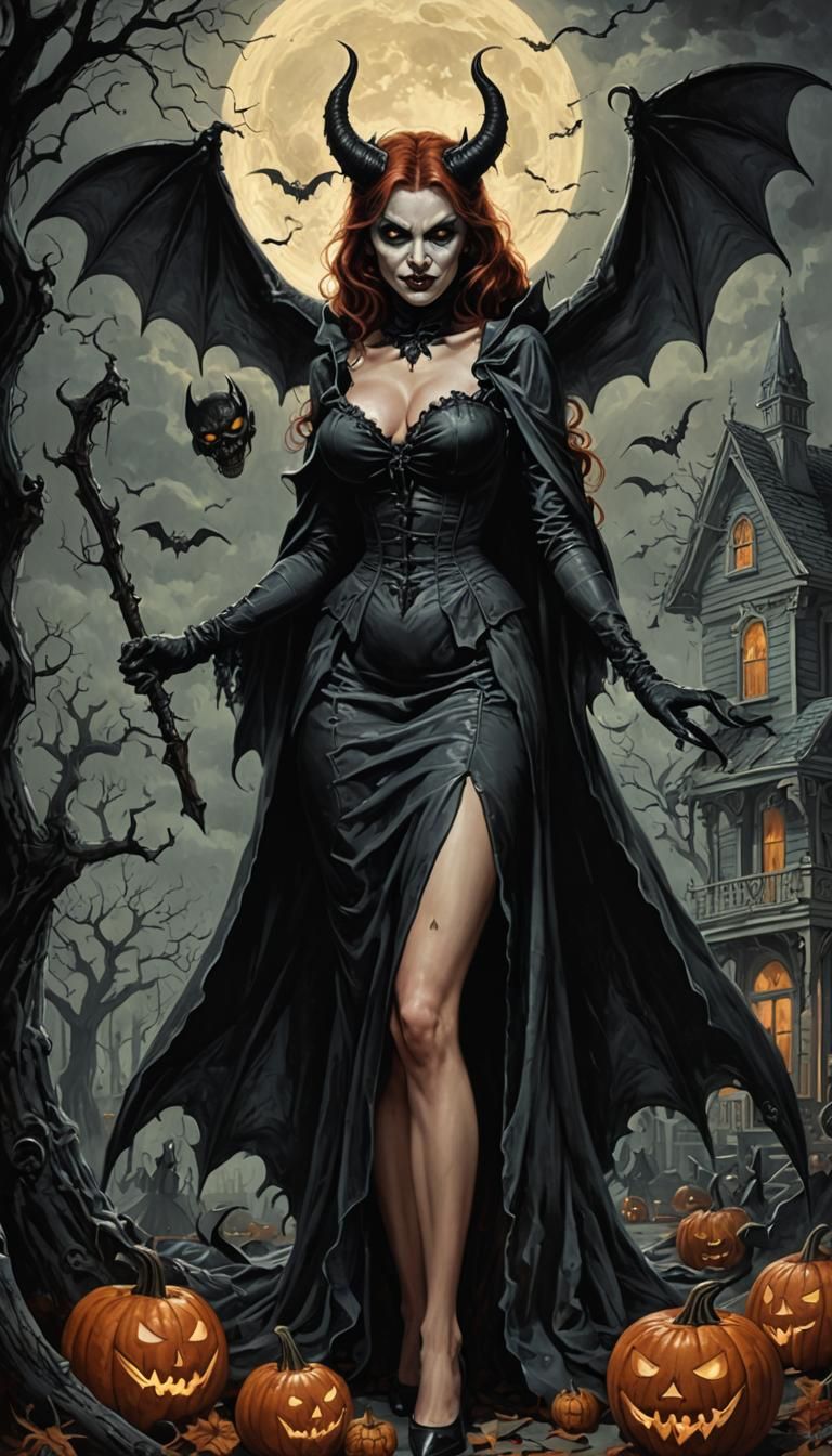 Halloween Horror Devil Pinup in Engraving Style