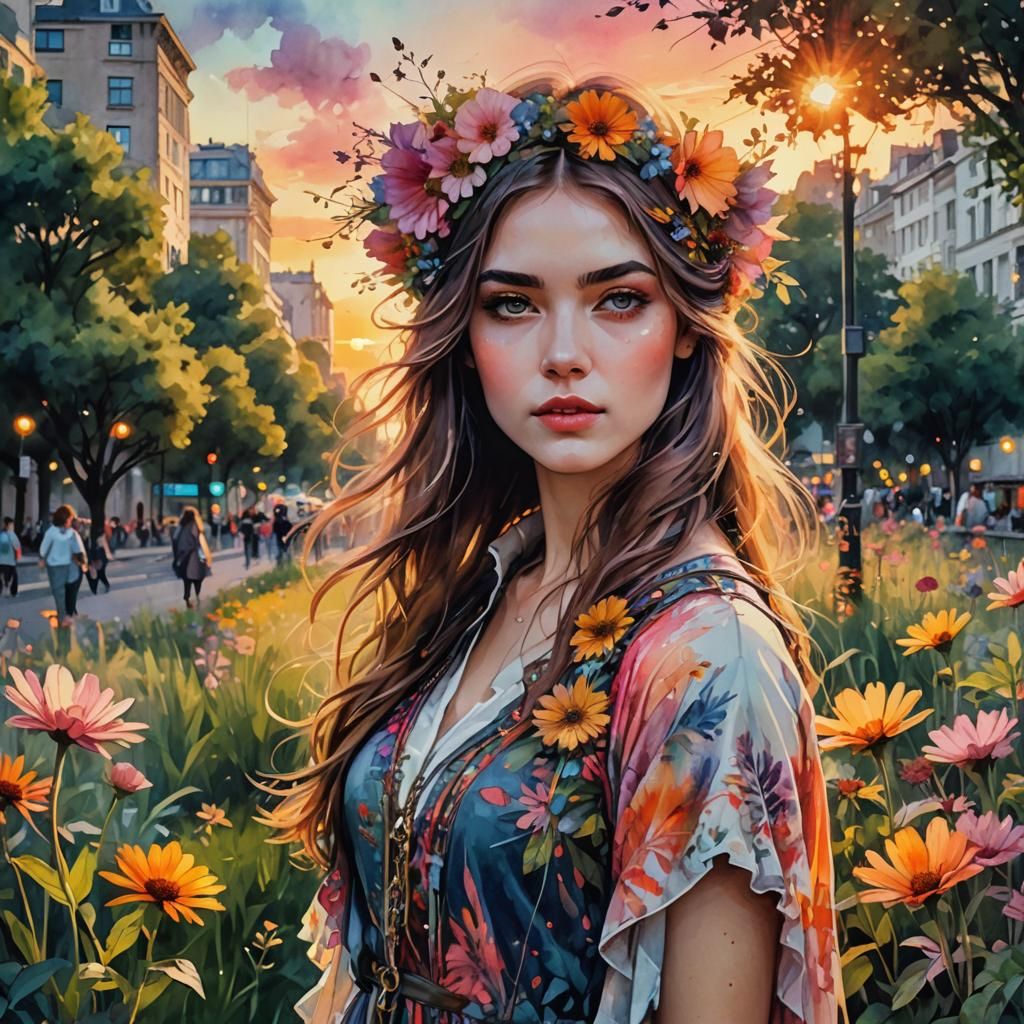 Portrait, Beautiful Flower Power Girl in a City ParK