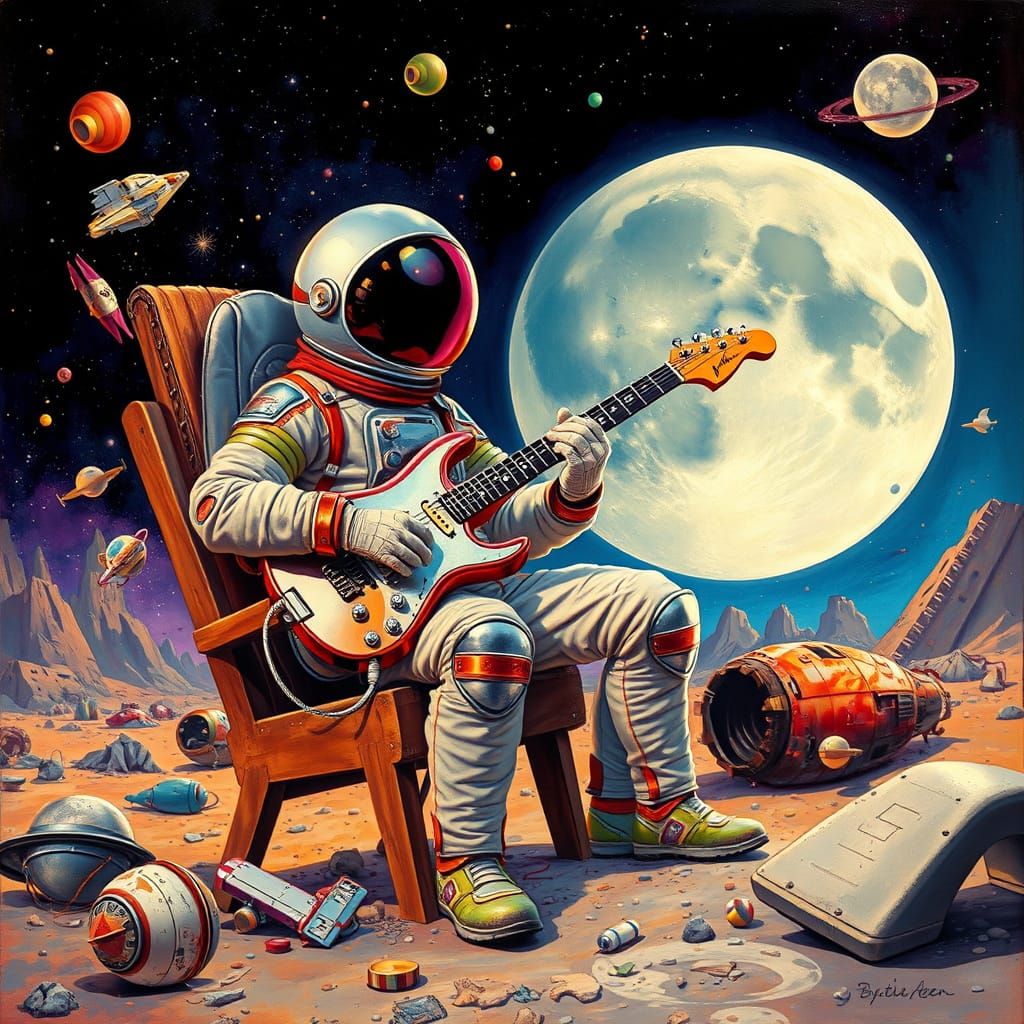 Astronaut Serenades in Cosmic Wreckage with Moonlit Dreamsca...