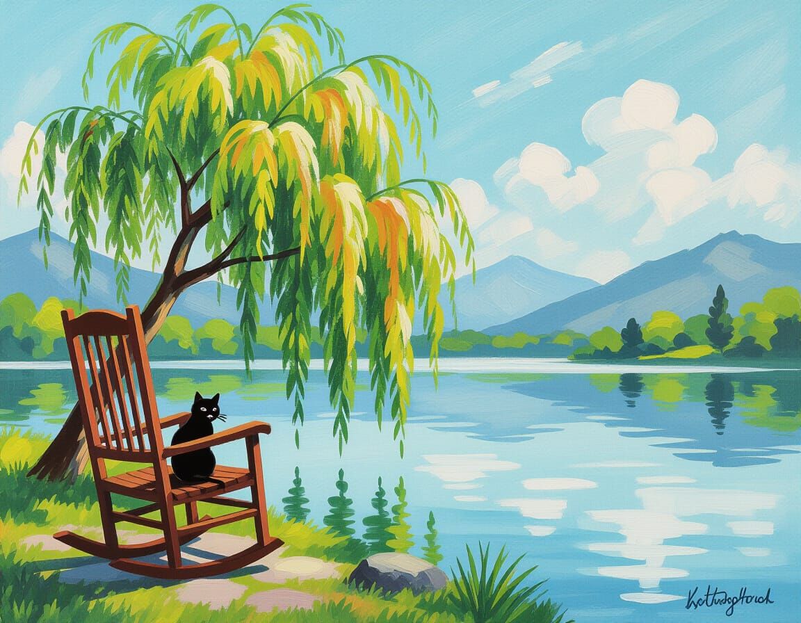 Black Cat and Weeping Willow in Asian Chalk Art