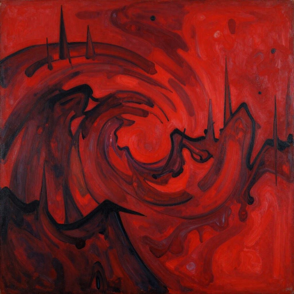 Turbulent Red Abstract Landscape in Expressionist Style