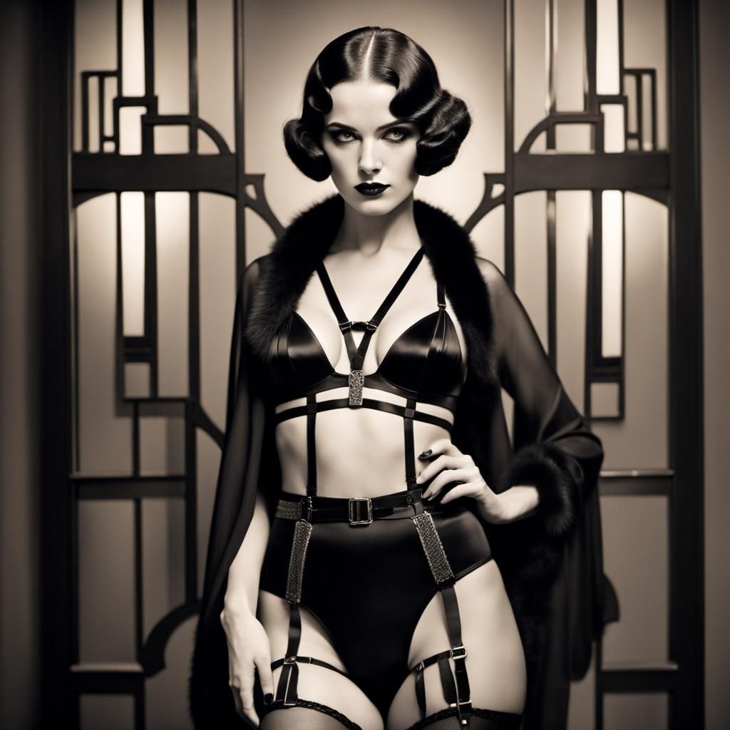 Sensual Woman in Black Garter Belt, Art Deco Style