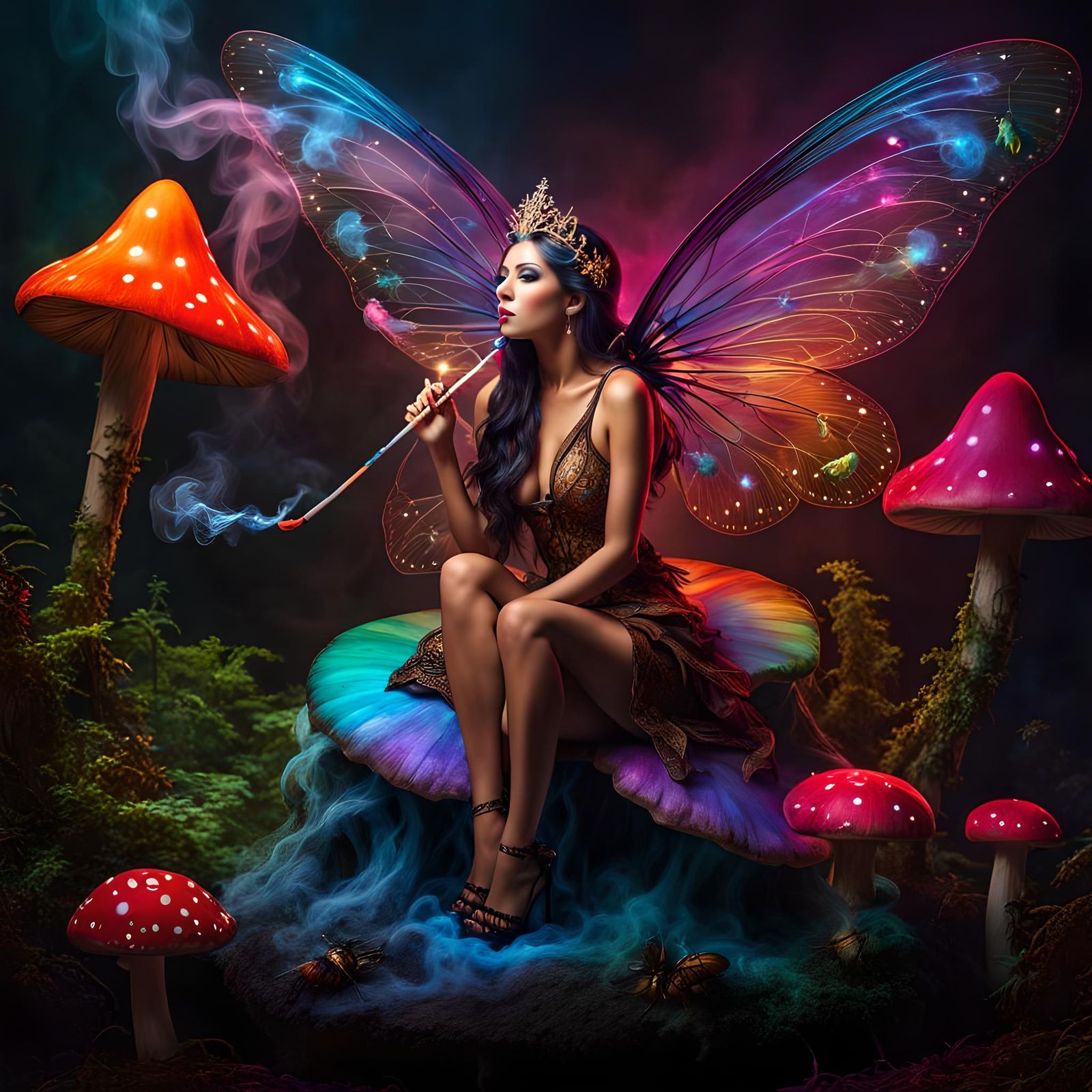 Bioluminescent Fairy on Toadstool with Hookah