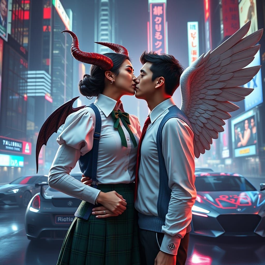 Epic Futuristic Kiss Between Demon and Angel