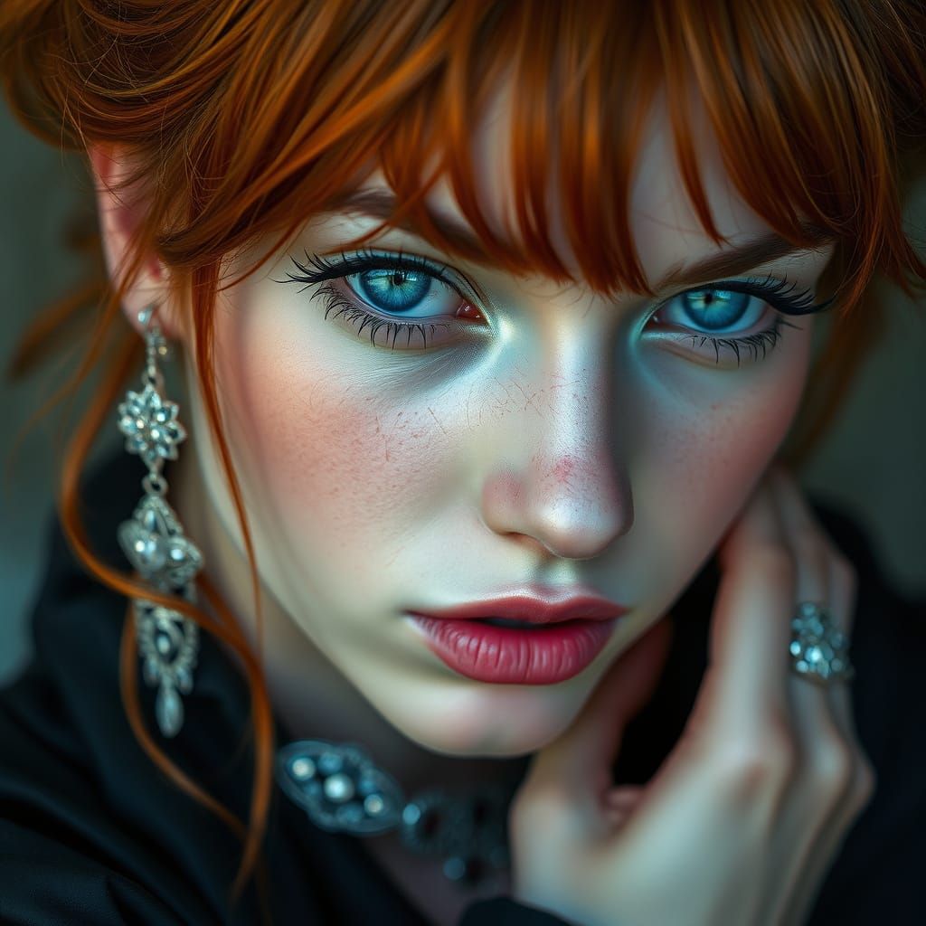 Copper-Haired Goth Woman with Ice-Blue Eyes