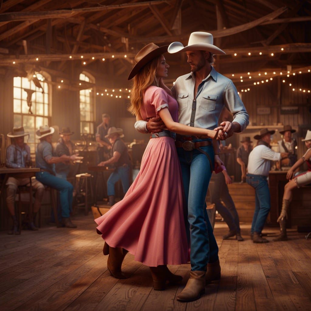 Cowgirl and Cowboy Barn Dance in Matte Painting Style