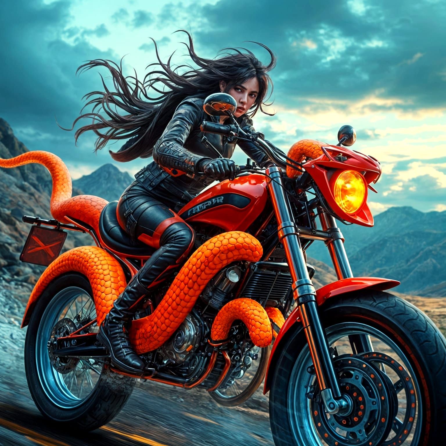 Surreal Biker Girl Rides Snake Motorcycle in Vibrant Fantasy...