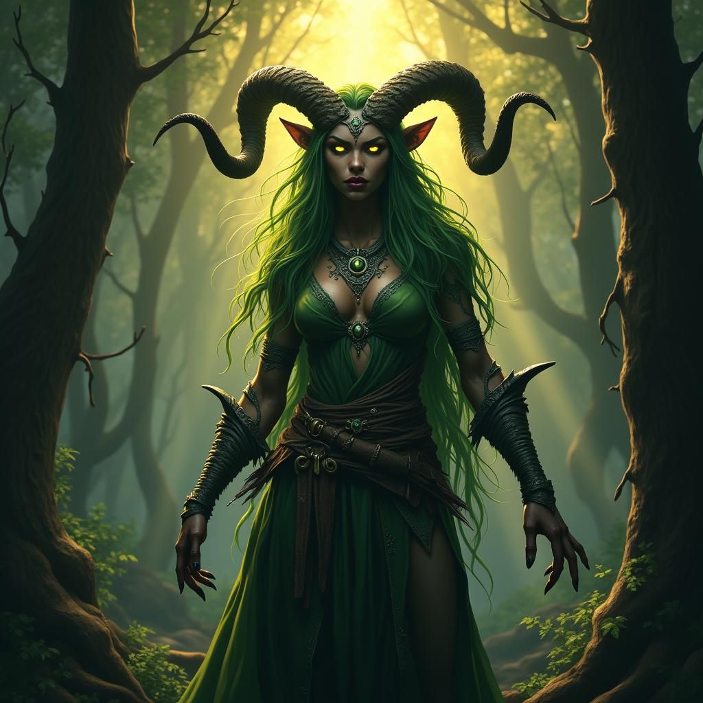 Tiefling Druid in Mystic Forest, Rutkowski Style