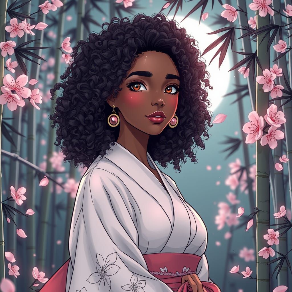 Anime Style Coloring Page: Woman in Bamboo Forest