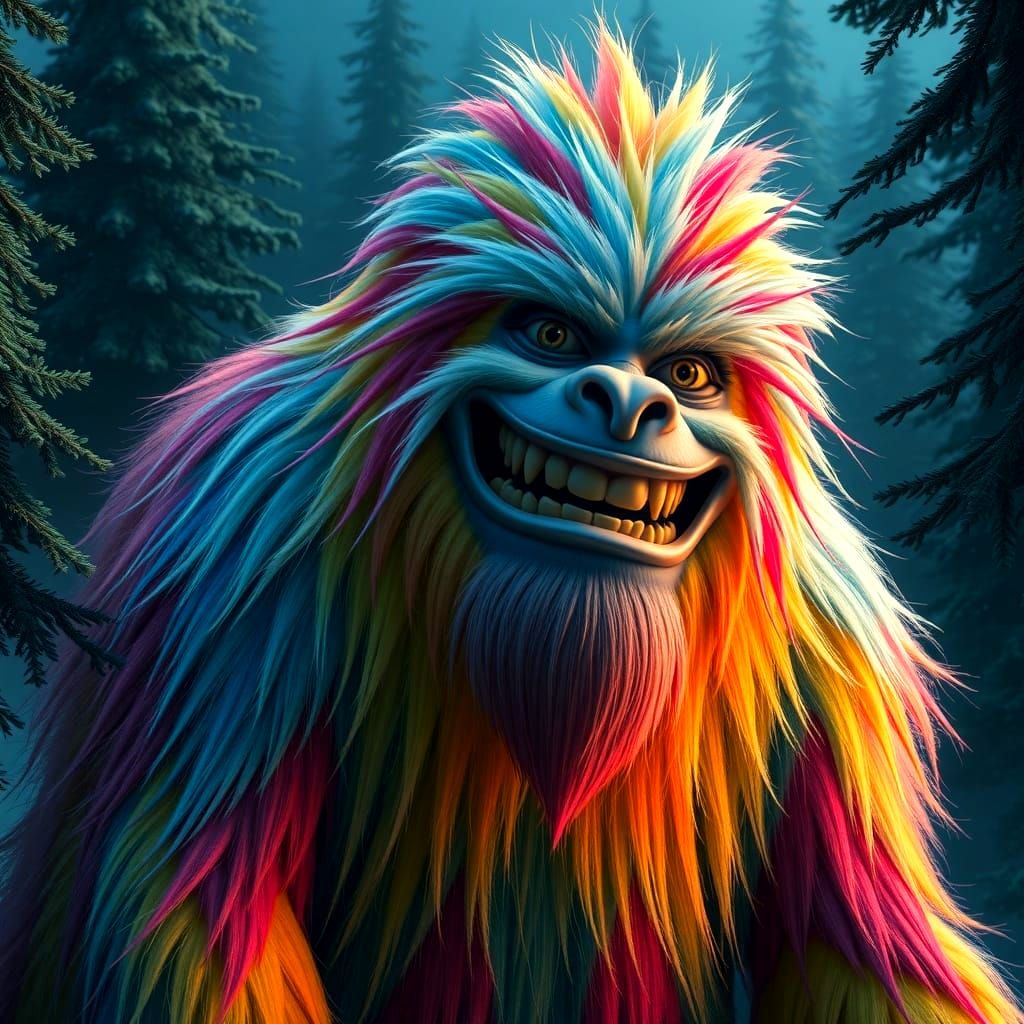 Vibrant Rainbow-Yeti in Dark Forest - Digital Masterpiece