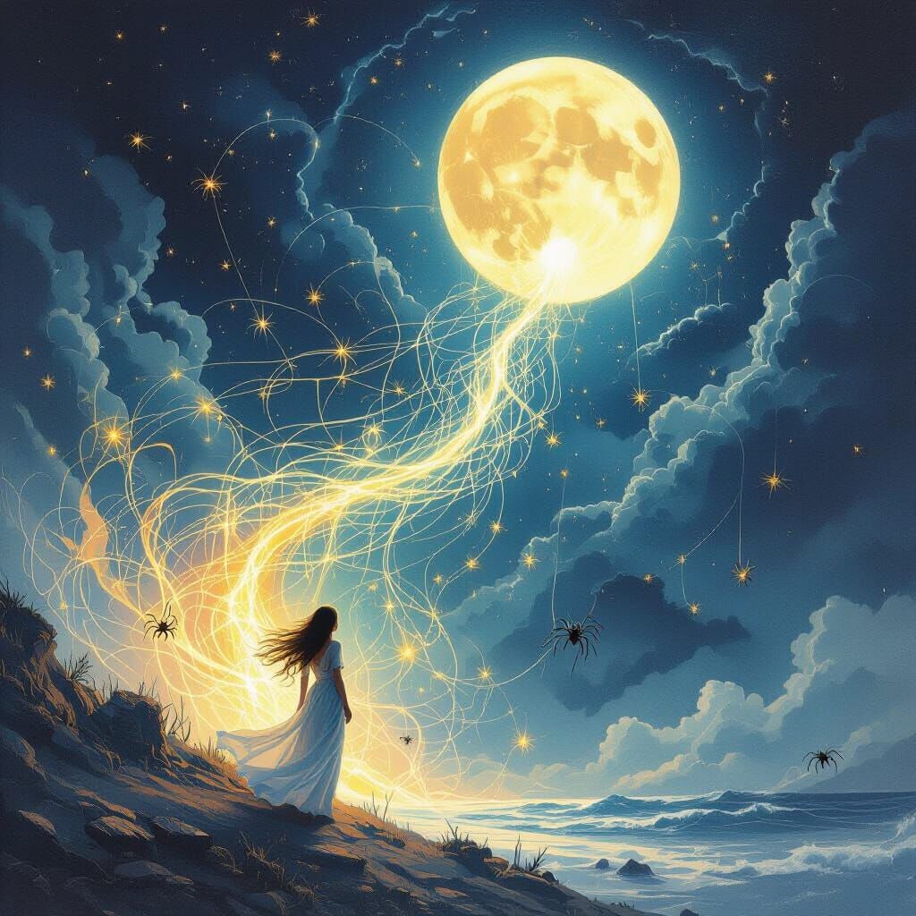 Ethereal Moon Over Stormy Night with Flowing Hair