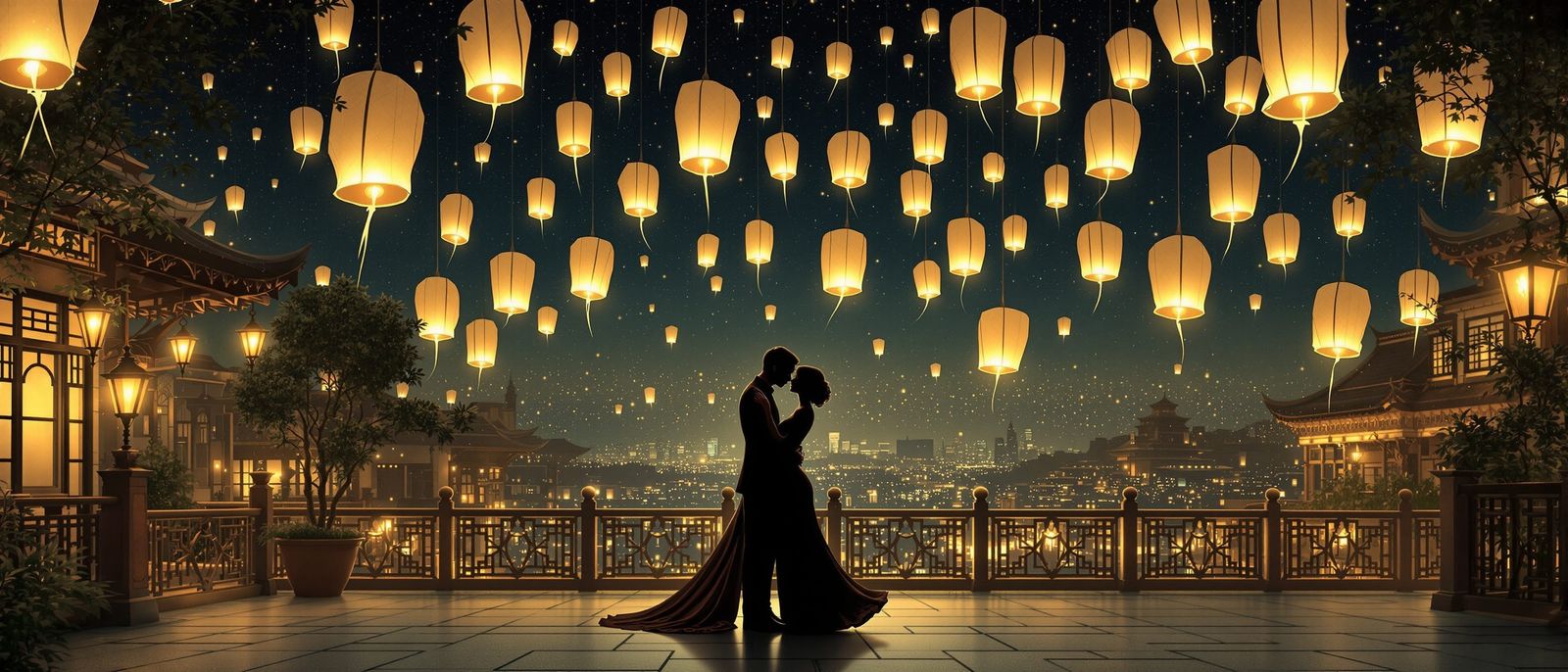 Lovers Embrace in Art Nouveau City Night