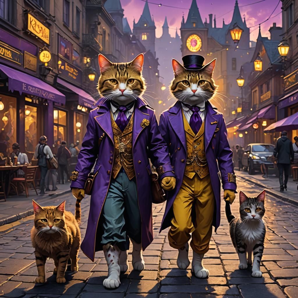 Fashionable Cats Enjoying a Night Out as Dark Fantasy Art