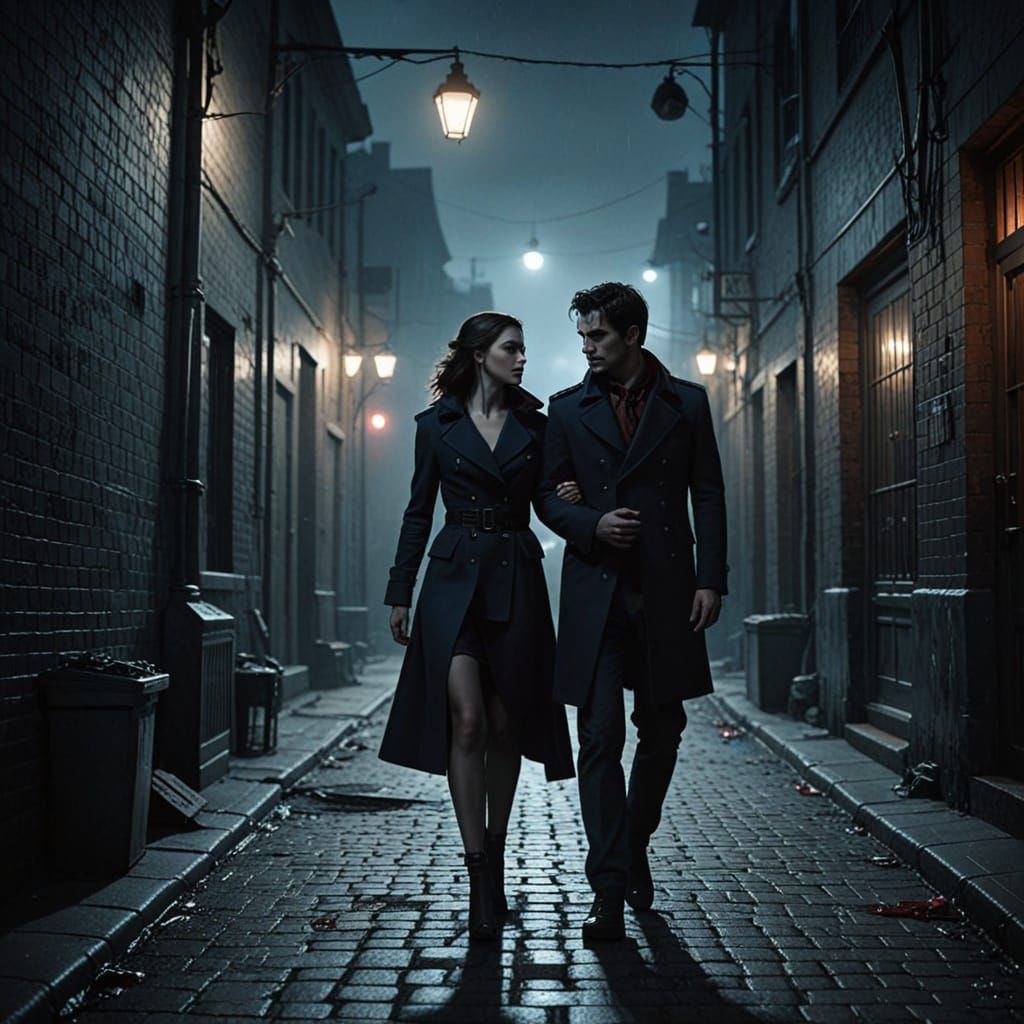 Modern Gothic Romance: Vampiress and Mortal in Dark Alleyway