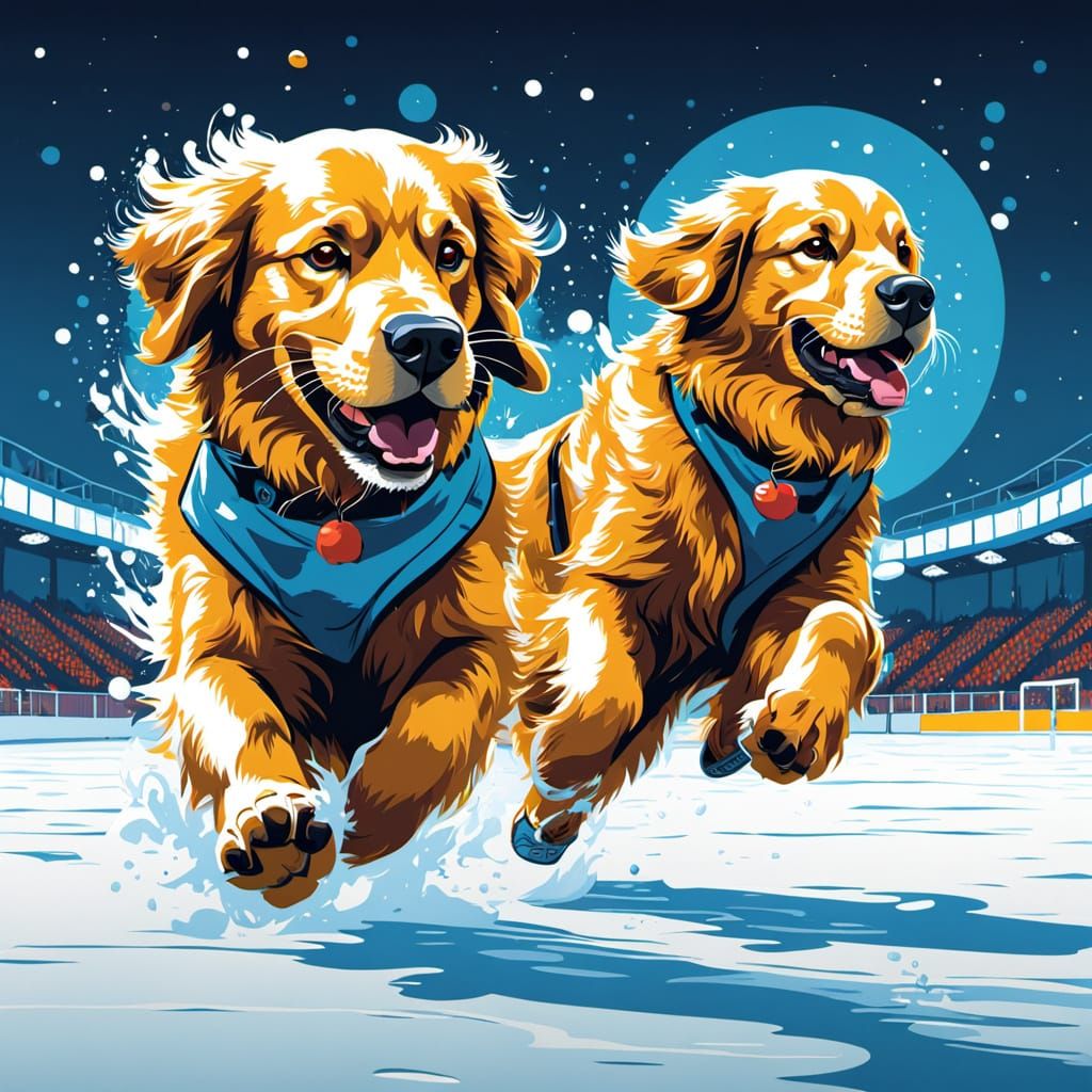 Pop Art Golden Retrievers Race on Ice Rink