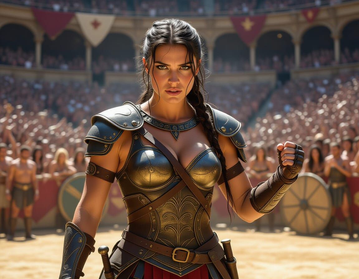 Victorious Gladiator Stands in Arena, Photorealistic HD Phot...