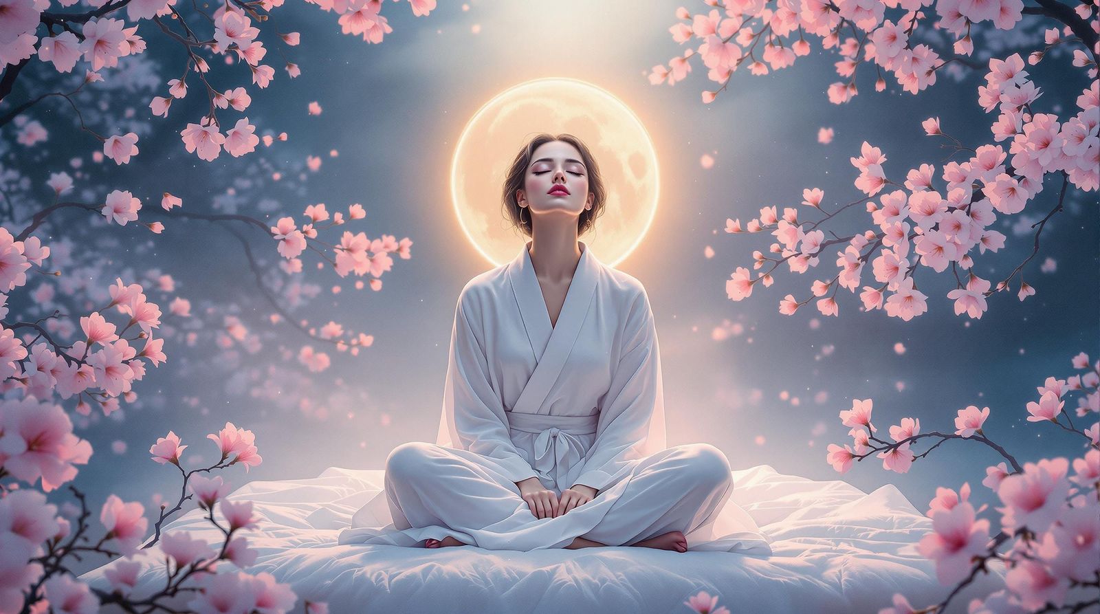 Serene Woman Meditating in Moonlit Cherry Garden
