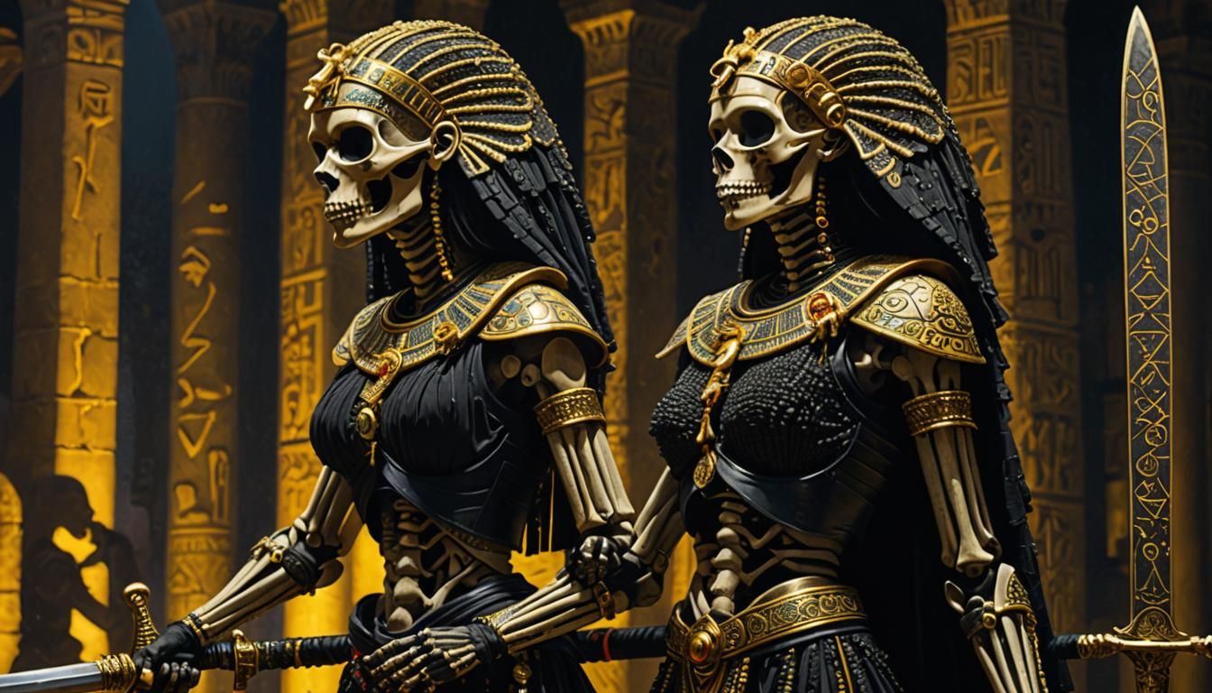 A beautiful ancient Egyptian skeleton woman dressed in a war...