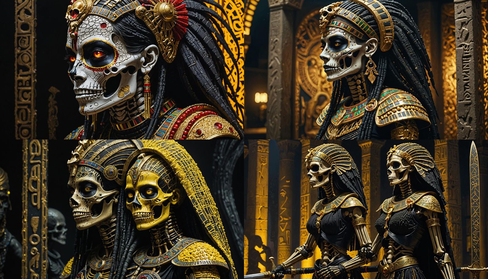 A beautiful ancient Egyptian skeleton woman dressed in a war...