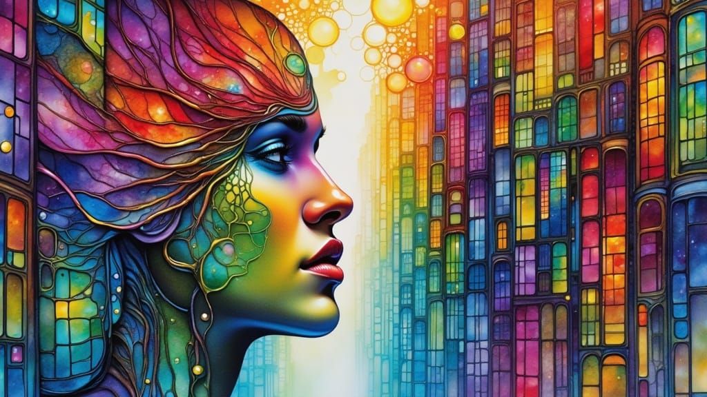 Ethereal Face in Sci-Fi Cityscape, Alcohol Ink Watercolour