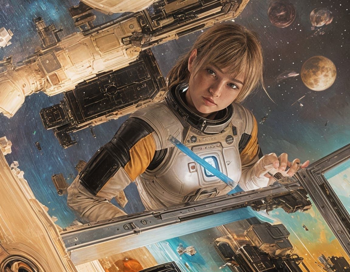 Android Woman in Space, Pre-Raphaelite Oil Painting