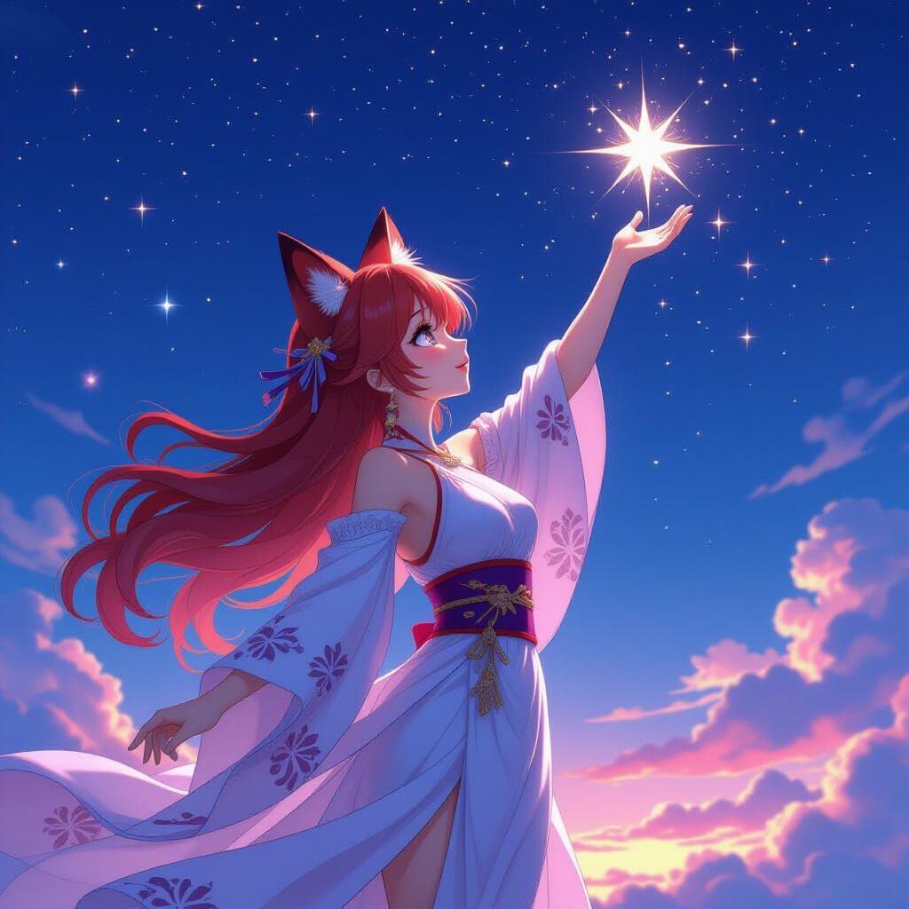 Fox Girl Reaching for Stars in 3D Anime Style