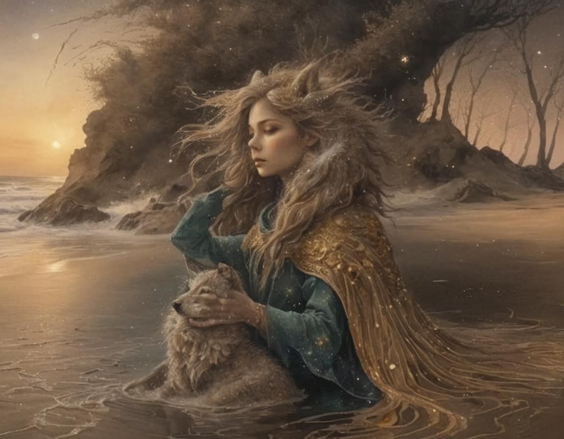 Ghostly Sand Wolf on Magical Beach in Watercolor Art