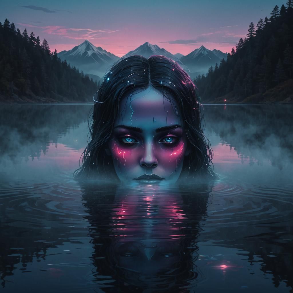 Mysterious Face Emerges From Misty Lake in Vaporwave Style