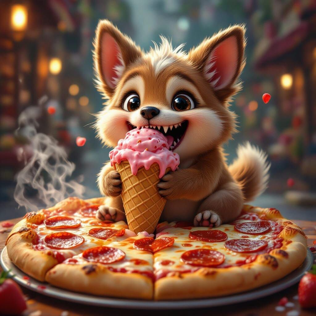 Labubu Enjoys Giant Ice Cream on Pepperoni Pizza