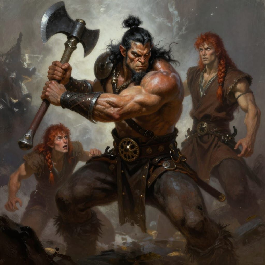 Orc Warlord Defends Man in Epic Fantasy Digital Painting